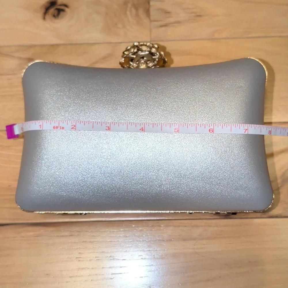 Silver Leather Clutch With Gold And Crystal Floral Embellishments